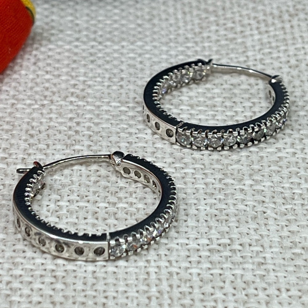 Vintage Ross-Simons Sterling Silver Hoop Earrings with CZ – Snapbar In & Out - Picture 13 of 17